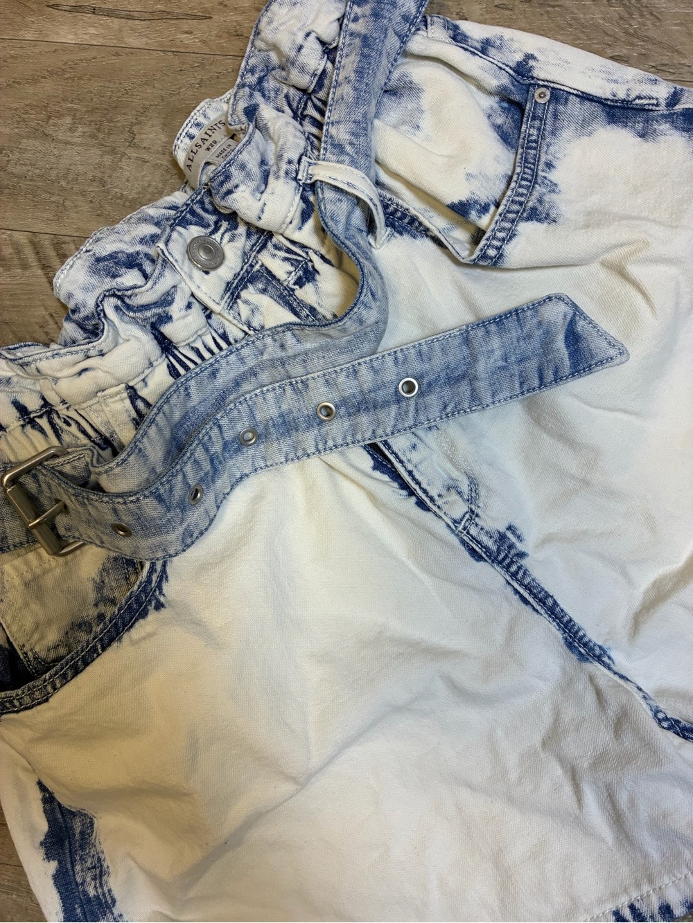 All Saints Filly Paperbag Denim Shorts High Waisted Belted Bleached - Picture 10 of 12